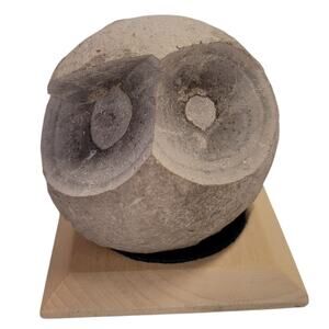 Owl Figurine Stone Primitive on Wooden Base Table Top Statue Gray